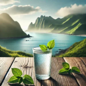 DALL·E 2025-02-12 12.54.15 - A refreshing and health-focused advertisement-style image for Ulleungdo Gorosoe (Korean mountain spring water). The scene features a clear glass fille