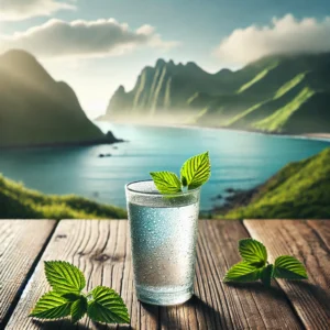 DALL·E 2025-02-12 12.54.15 - A refreshing and health-focused advertisement-style image for Ulleungdo Gorosoe (Korean mountain spring water). The scene features a clear glass fille
